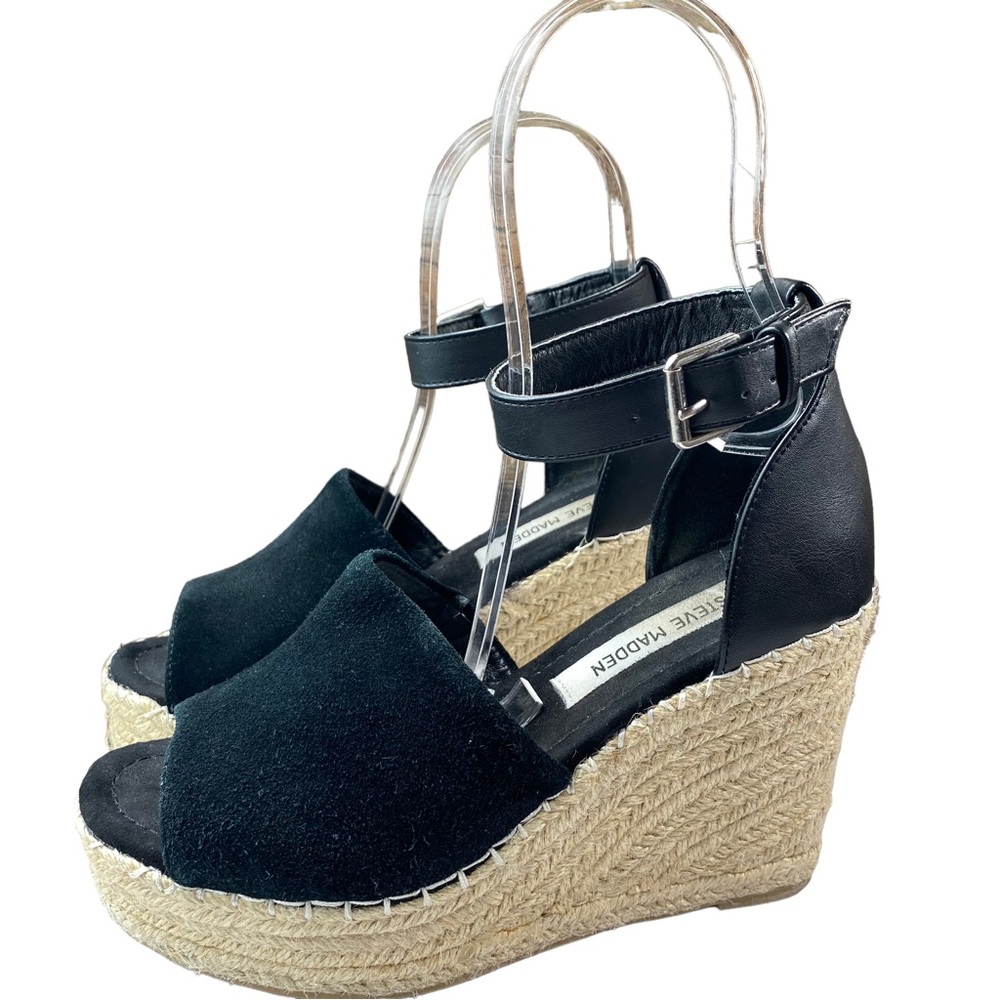 Preowned Steve Madden Black Suede Wedge espadrille Sandal womens shoes size 6.5
